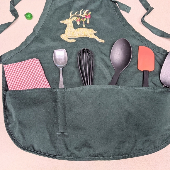 Port Authority Christmas Apron embroidery reindeer Rhinestones 3 pockets tie - Picture 7 of 9